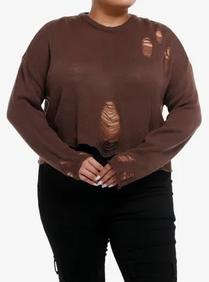 Social Collision® Brown Distressed Girls Crop Sweater Plus