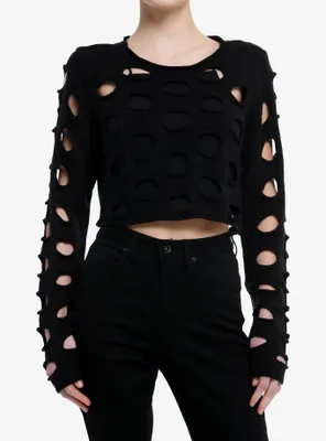Cosmic Aura Black Cutout Girls Crop Sweater