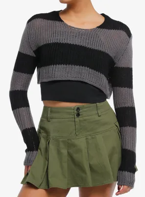 Social Collision® Black & Grey Stripe Girls Crop Knit Sweater