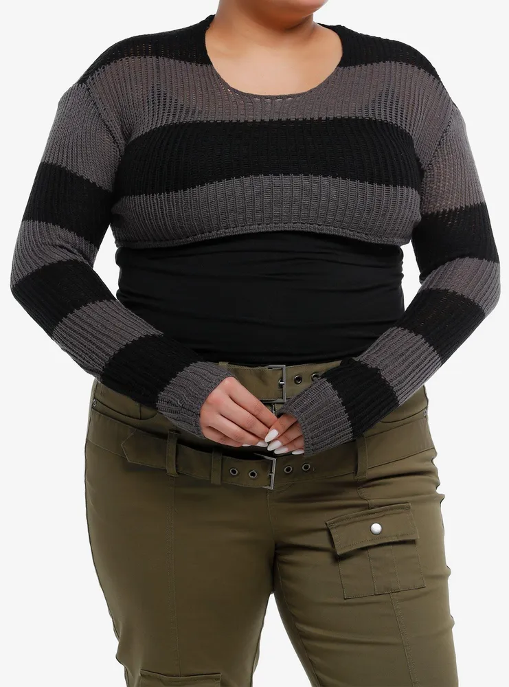 Social Collision® Black & Grey Stripe Girls Crop Knit Sweater Plus