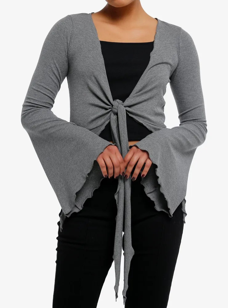 Cosmic Aura Grey Ribbed Girls Crop Bell Sleeve Shrug