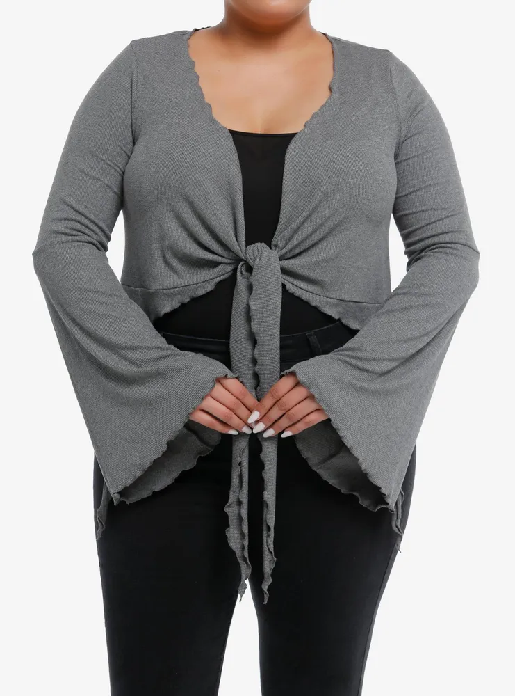 Cosmic Aura Grey Ribbed Girls Crop Bell Sleeve Shrug Plus