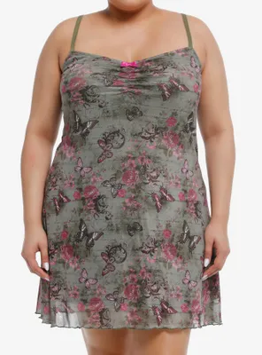 Sweet Society Pink & Green Butterfly Mesh Cami Dress Plus