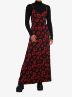 Black & Red Flower Twofer Turtleneck Maxi Dress