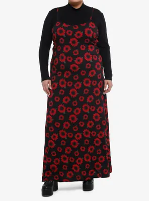 Black & Red Flower Twofer Turtleneck Maxi Dress Plus