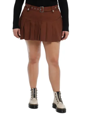Brown Low-Rise Button Skirt With Belt Plus