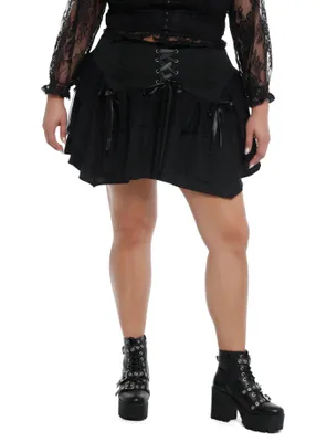 Black Lace-Up Tiered Hanky Hem Skirt Plus