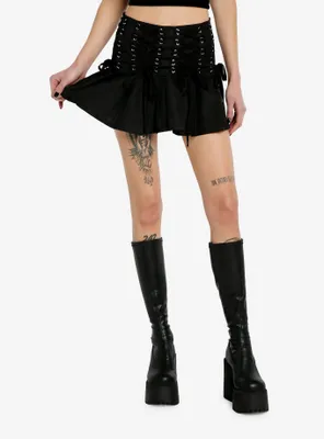 Black Lace-Up Waistband Pleated Mini Skirt
