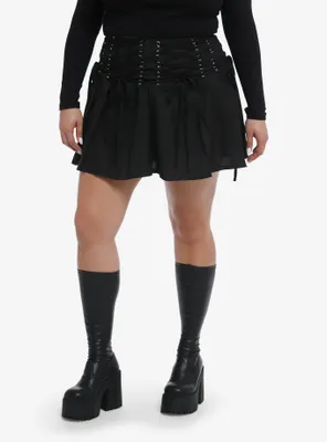 Black Lace-Up Waistband Pleated Mini Skirt Plus