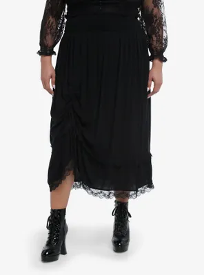Black Lace Ruched Midi Skirt Plus