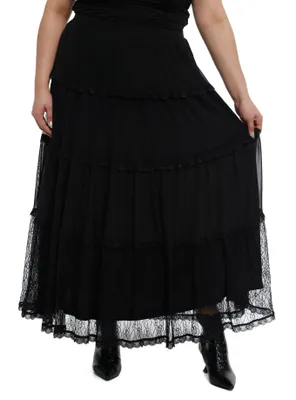 Black Lace Tiered Maxi Skirt Plus