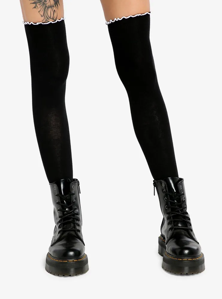 Black & White Lettuce Hem Knee-High Socks