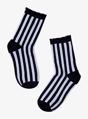 Black & White Pinstripe Lettuce Trim Ankle Socks