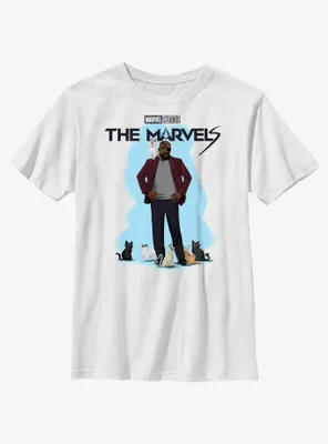 Marvel The Marvels Nick Fury Cat Attack Youth T-Shirt