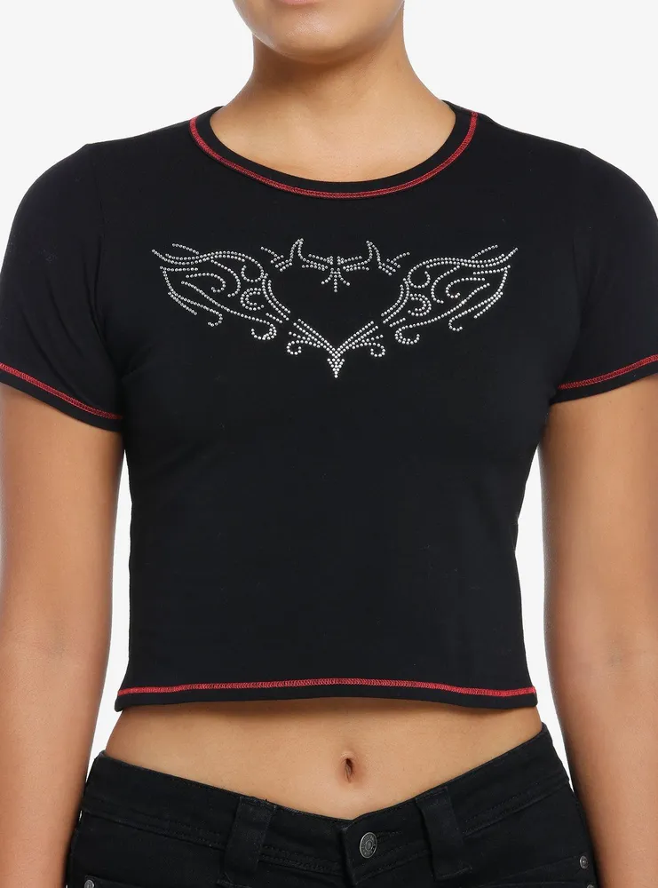 Rhinestone Winged Heart Ribbed Cropped Tank Top