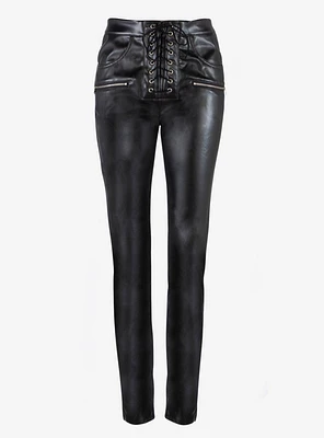 Black Faux Leather Skinny Fit Girls Lace Up Pants