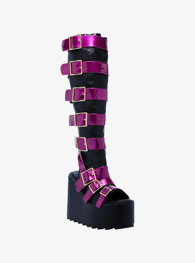 Knee High Buckle Platform Boots Pink