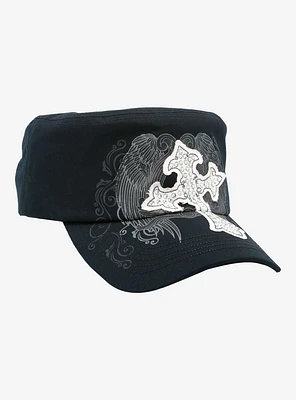 Grunge Cross Rhinestone Cadet Hat