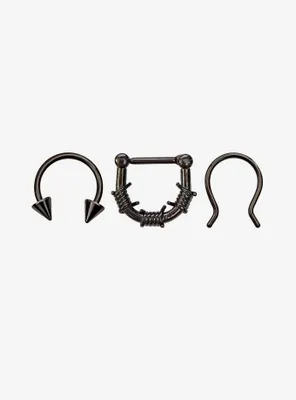 Steel Spike Barbed Wire Septum Clicker & Barbell 3 Pack