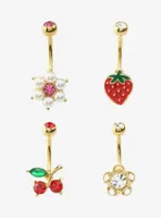 14G Steel Cherry Strawberry Flower Navel Barbell 4 Pack