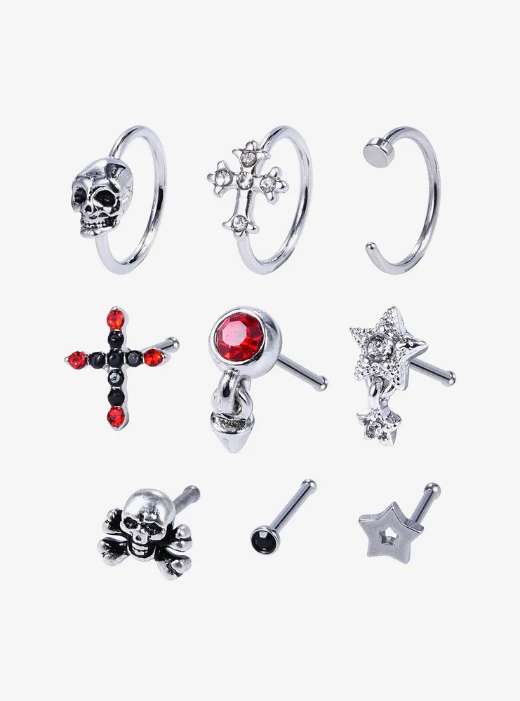 Steel Skull Cross Star Nose Stud & Hoop 9 Pack