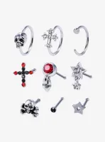 Steel Skull Cross Star Nose Stud & Hoop 9 Pack