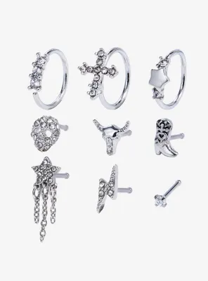 Steel Western Bling Nose Stud & Hoop 9 Pack