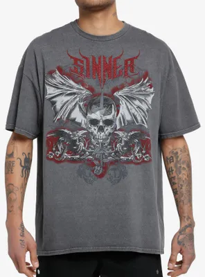 Social Collision® Sinner Rhinestone Skull Oversized T-Shirt