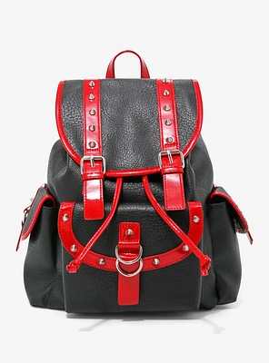 Red & Black Spike Faux Leather Slouch Backpack