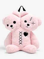 Pink Double Bear Head Plush Backpack