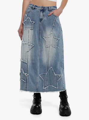 Social Collision Star Patches Denim Midaxi Skirt