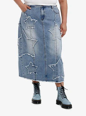 Social Collision Star Patches Denim Midaxi Skirt Plus