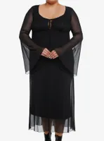 Cosmic Aura Black Mesh Bell Sleeve Midaxi Dress Plus