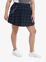 Social Collision® Blue & Orange Plaid Pleated Skirt With Chain Plus