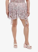 Thorn & Fable Pink Brown Floral Hanky Hem Mesh Skirt Plus