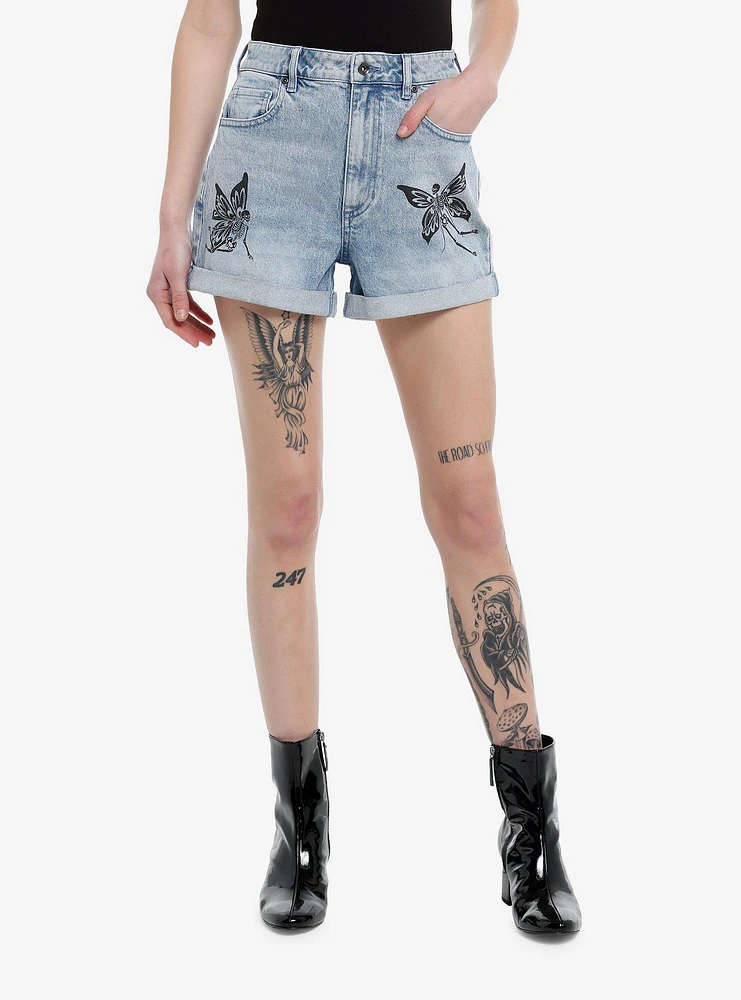 Thorn & Fable® Skull Fairy High-Waisted Denim Shorts