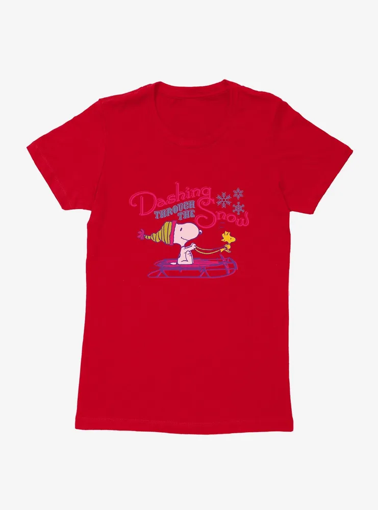 Peanuts Dashing Through The Snow Snoopy Woodstock Womens T-Shirt