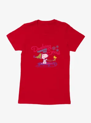 Peanuts Dashing Through The Snow Snoopy Woodstock Womens T-Shirt