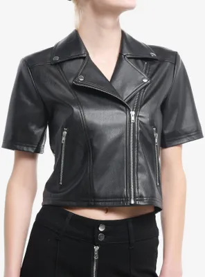 Black Faux Leather Girls Short-Sleeve Moto Top