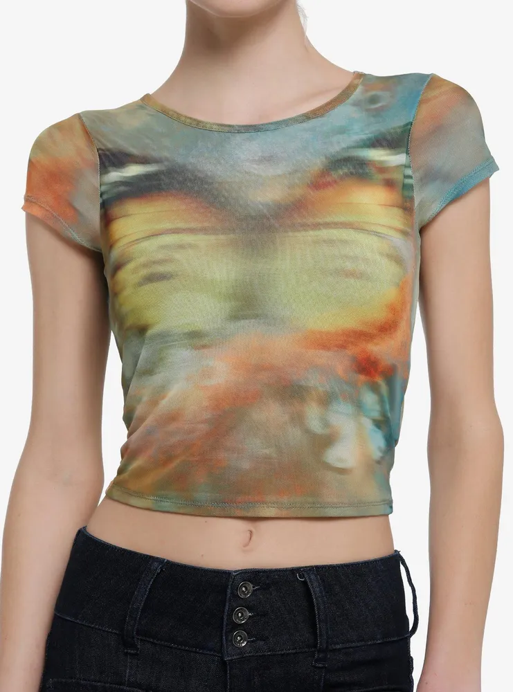 Blurry Butterfly Mesh Girls Crop Top