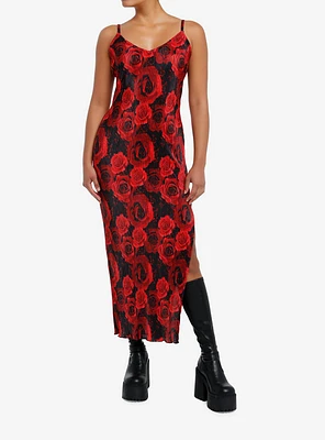 Red & Black Rose Ribbed Cami Maxi Dress