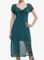 Green Plaid Empire Ruffle Midi Dress