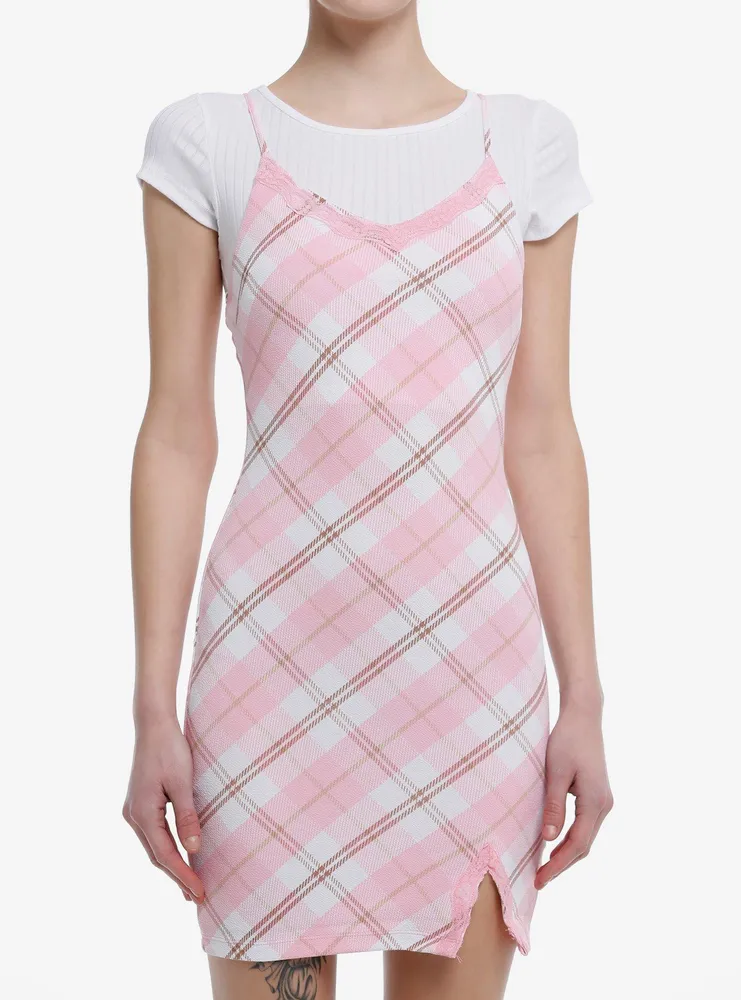 Pink Plaid Twofer Dress