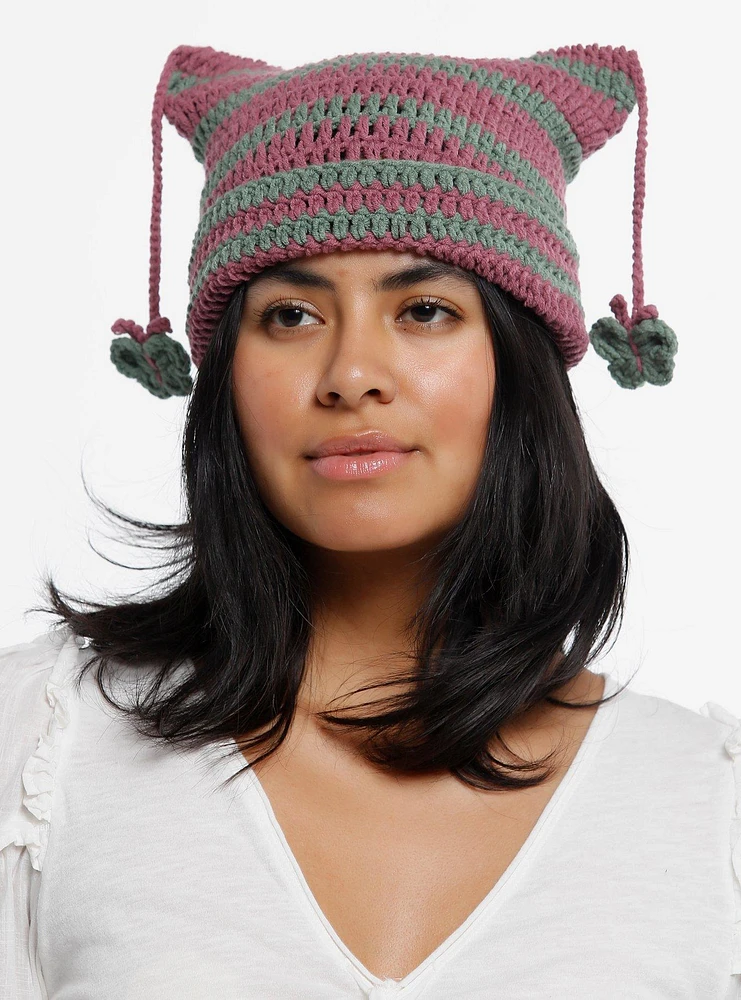 Plum Green Stripe Butterfly Ear Beanie