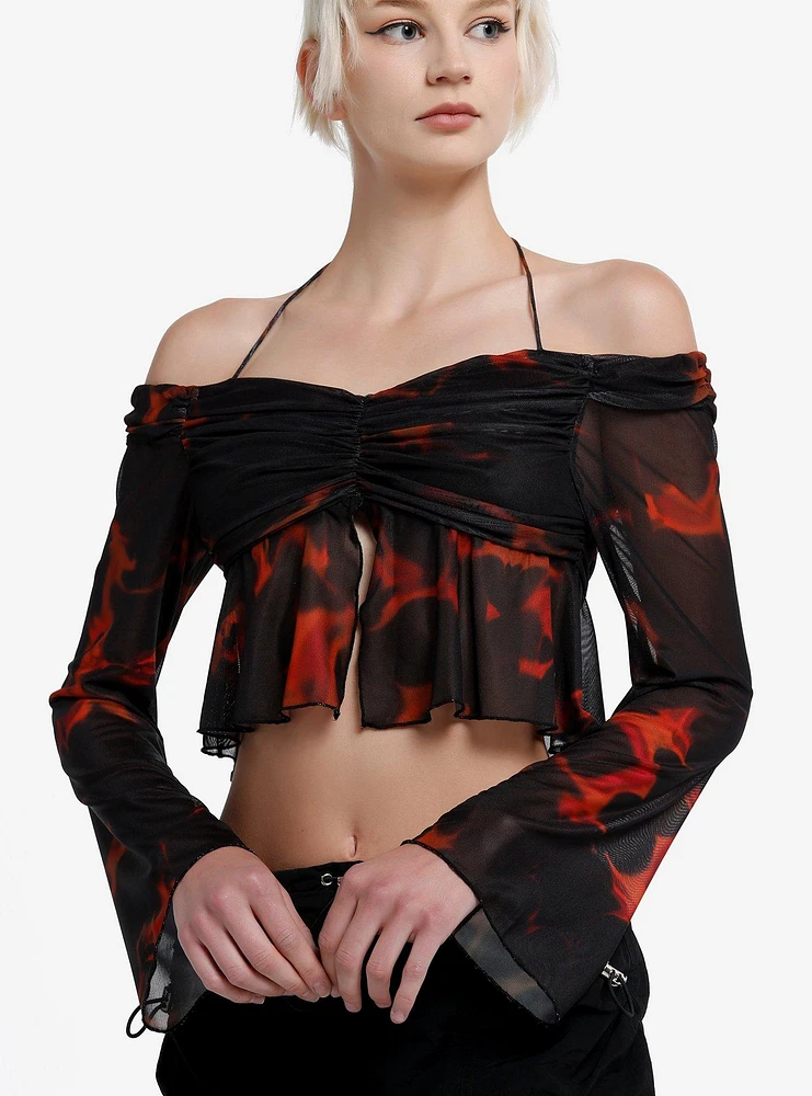 Black & Orange Halter Cold Shoulder Girls Long-Sleeve Crop Top