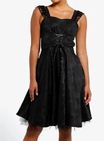 Black Brocade Corset Ruffle Midi Dress