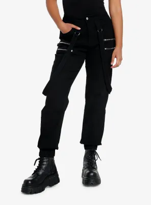 Black Denim Zipper Jogger Pants