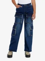 Dark Indigo Raw Edge Pocket Wide Leg Cargo Pants