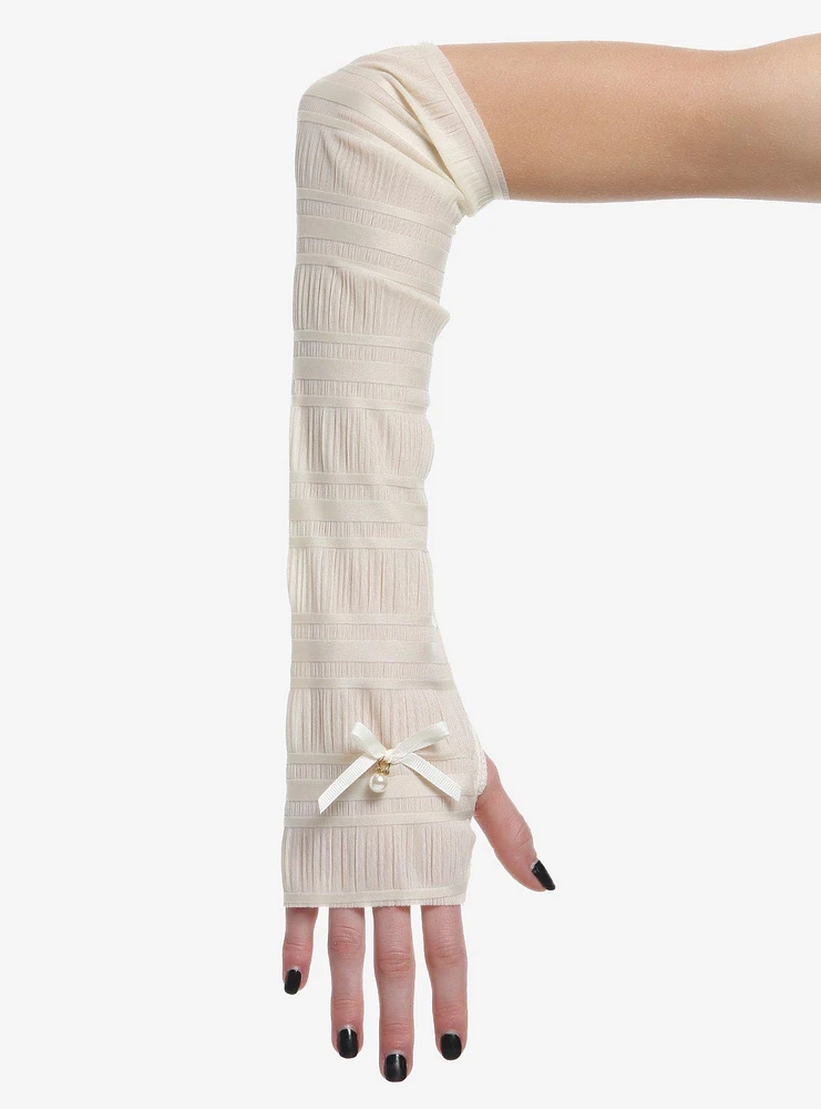 Ivory Shirred Pearl Bow Arm Warmers