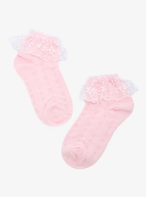 Pink Heart Pointelle Lace Ruffle Ankle Socks